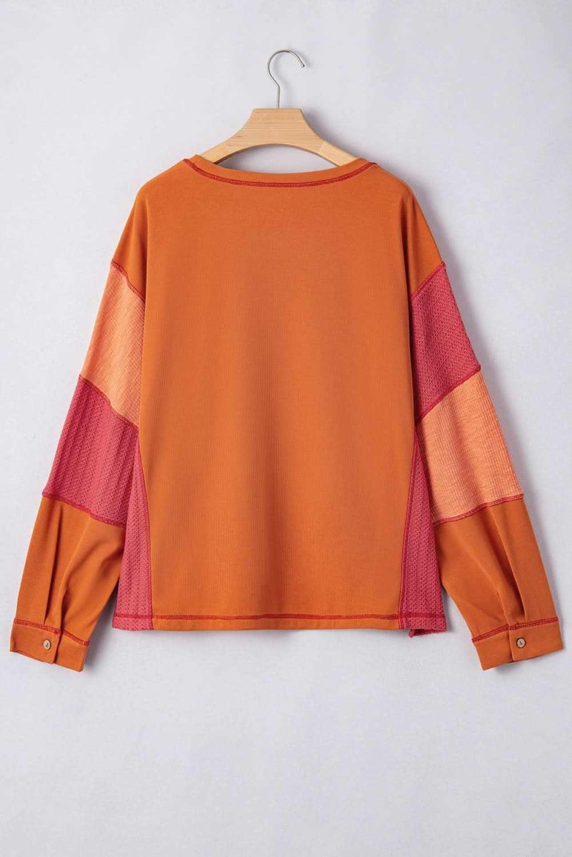 Orange Textured Knit Color Block Patchwork Chest Pocket Plus Size Top - Love Salve